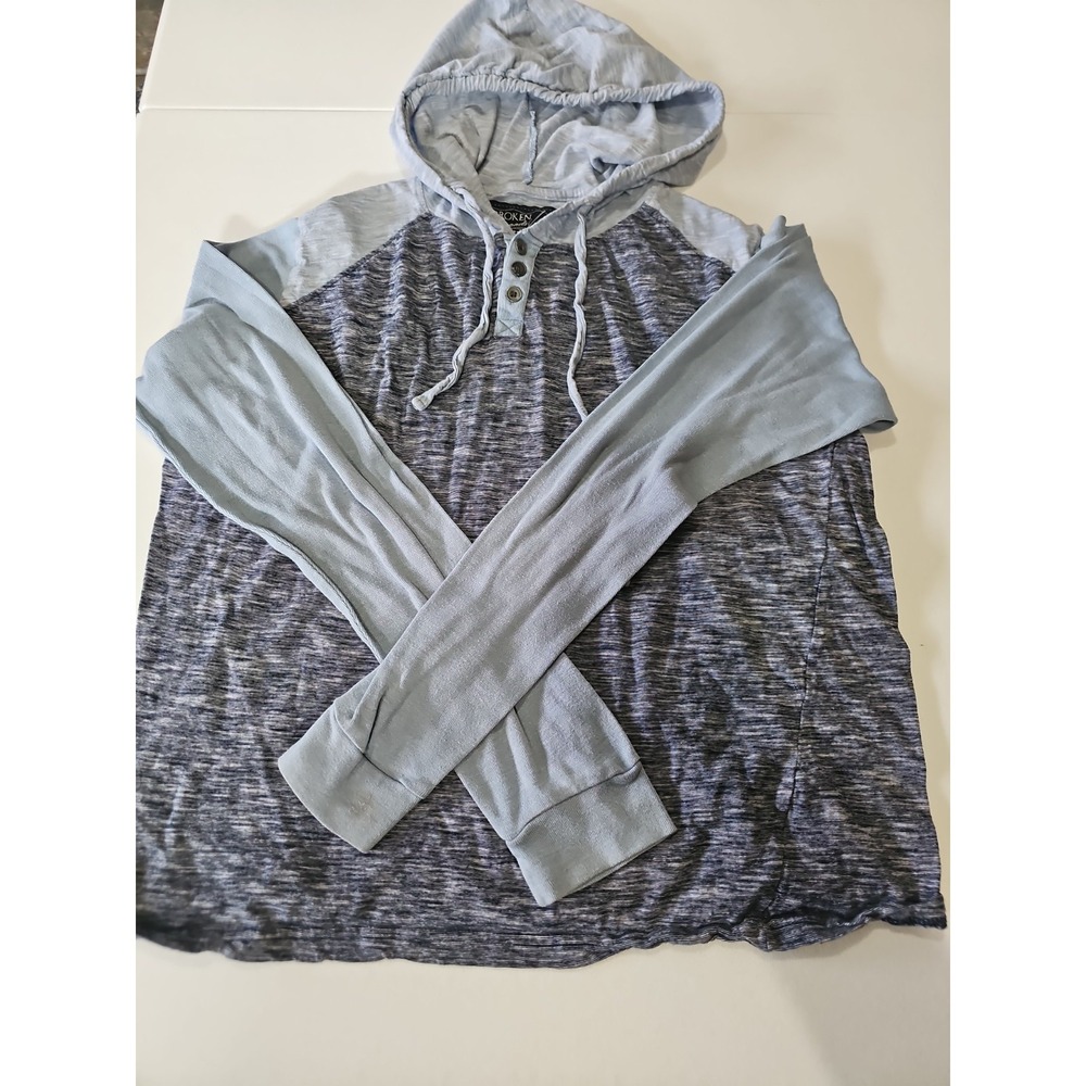 Broken Threads Men's Large Lightweight Hooded Henley Raglan Hoodie Gray